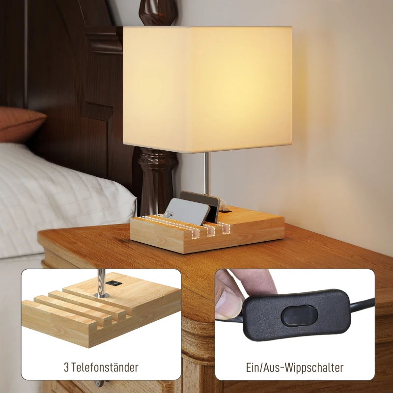 HOMCOM Nachttischlampe, USB-Anschlüsse, Holz, Stoff, Wippschalter, Ablagefächer, Weiß