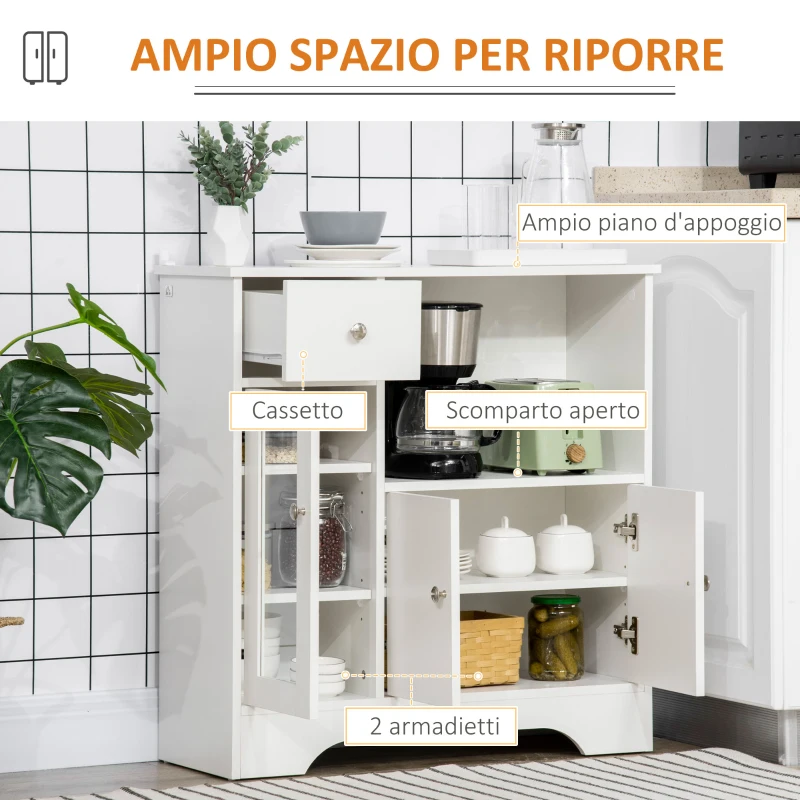 HOMCOM Credenza Buffet con Vano Aperto, Cassetto, 3 Ripiani e Armadietto a 2 Ante, in Legno, 80x30x82 cm, Bianco
