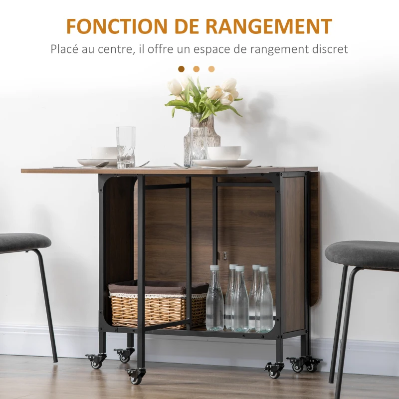 HOMCOM Table à manger pliante sur roulettes, table de cuisine pour 6 personnes avec étagère intégrée, 130 x 80 x 74 cm, marron