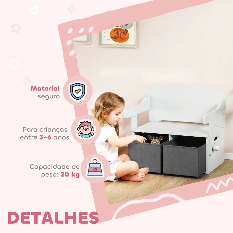 AIYAPLAY Banco para Crianças Conversível 3 em 1 Conjunto de Mesa e Cadeira Baú de Brinquedos com Cubos de Tecido Removíveis Branco