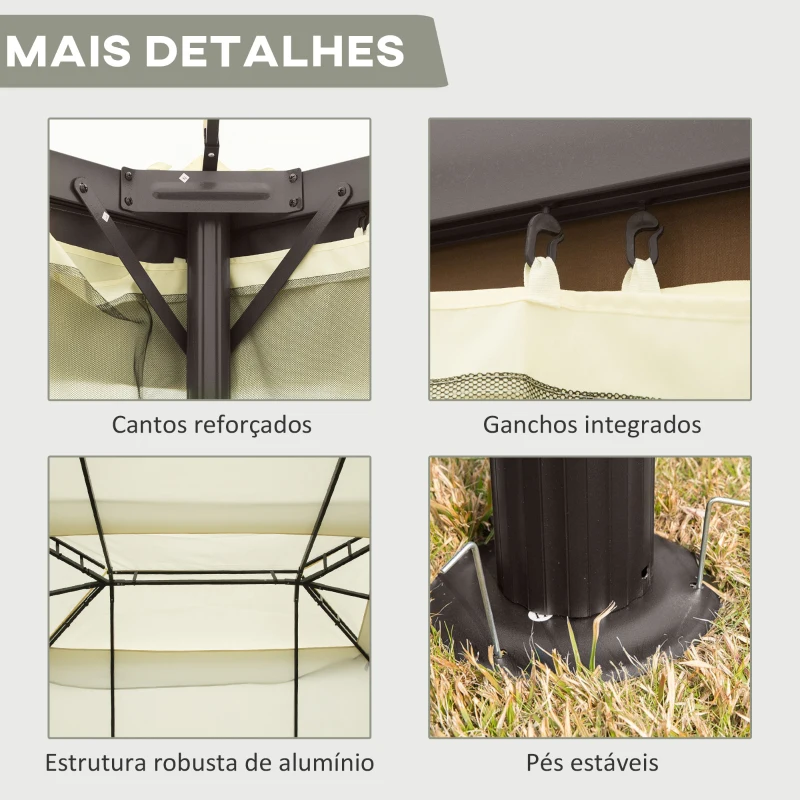 Outsunny Pérgola de Jardim 4x3m Pérgola de Alumínio com  Teto com Ventilação 4 Cortinas Laterais 4 Telas Mosquiteiras e 8 Orifícios de Drenagem para festas Eventos Exterior Creme