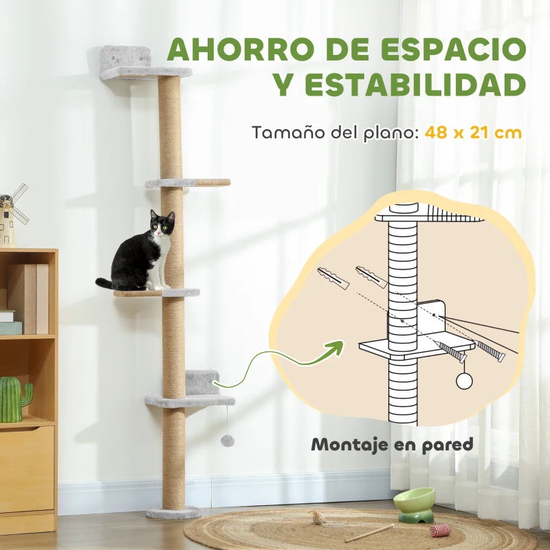PawHut Árbol para Gatos de Pared de 5 Niveles Rascador para Gatos Estrecho con Bola y Rascadores 48x21x180 cm Gris Claro