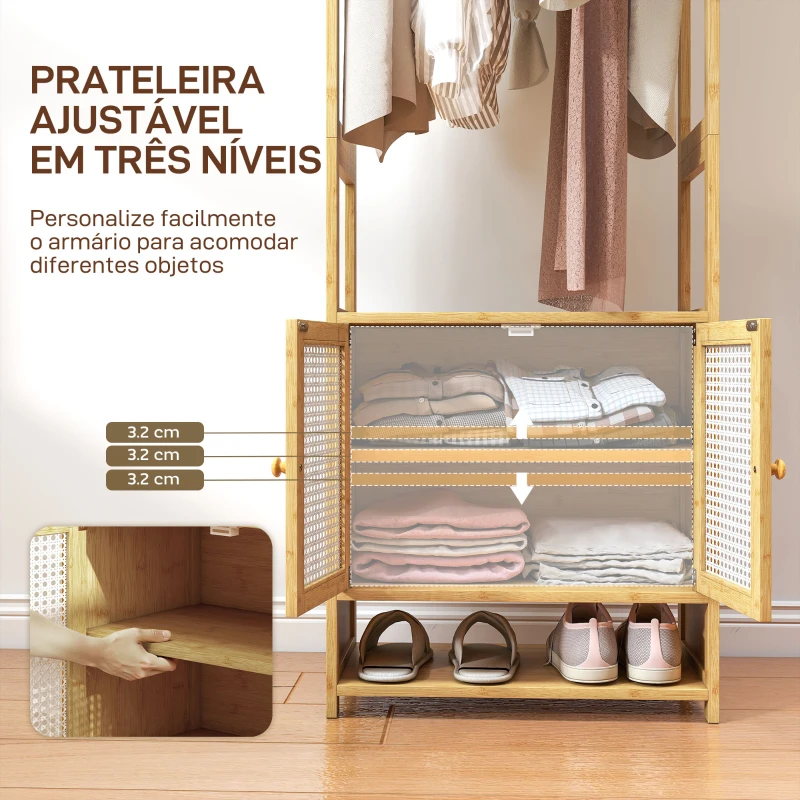 HOMCOM Móvel Cabide de Entrada de Bambu com Sapateira Barra para Pendurar Prateleira Ajustável 53x31x168 cm Madeira