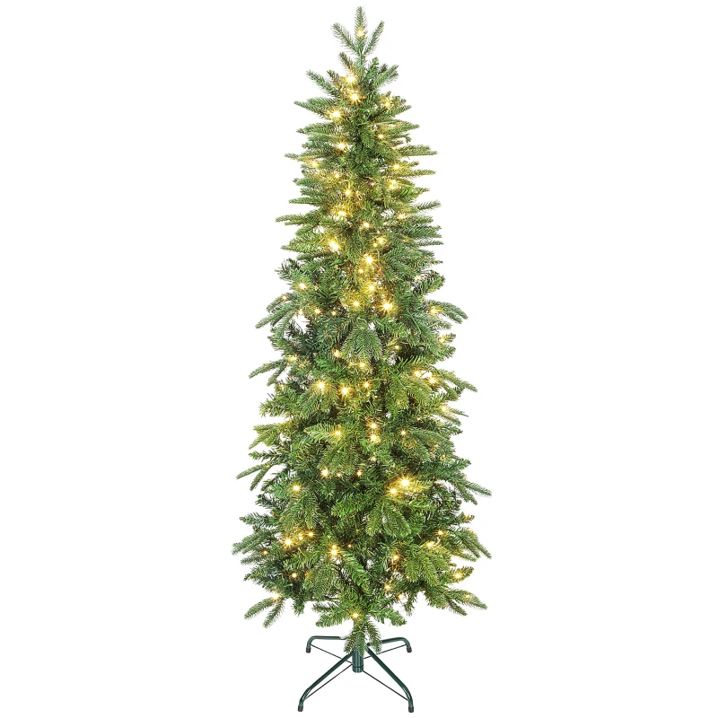 HOMCOM Sapin de Noël artificiel 180 cm, arbre de Noël slim avec 200 lumières 8 modes d'éclairage 605 branches articulées, vert