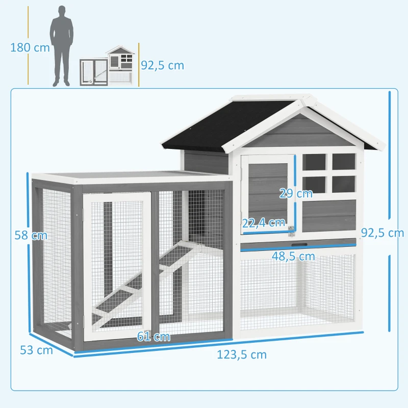 PawHut Coelheira de Madeira Exterior de 2 Níveis com Zona Aberta Teto Asfáltico Bandeja Removível e Rampa 122x62,6x92 cm Cinzento