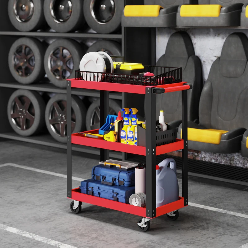 HOMCOM Chariot d'atelier servante atelier à 3 niveaux, poignée latérale et roulettes verrouillables, 70,5x35x82,5cm, rouge