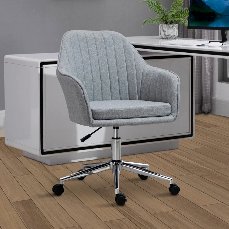Vinsetto Chaise de bureau design contemporain dossier accoudoirs striés hauteur réglable pivotant 360° piètement chromé lin gris clair