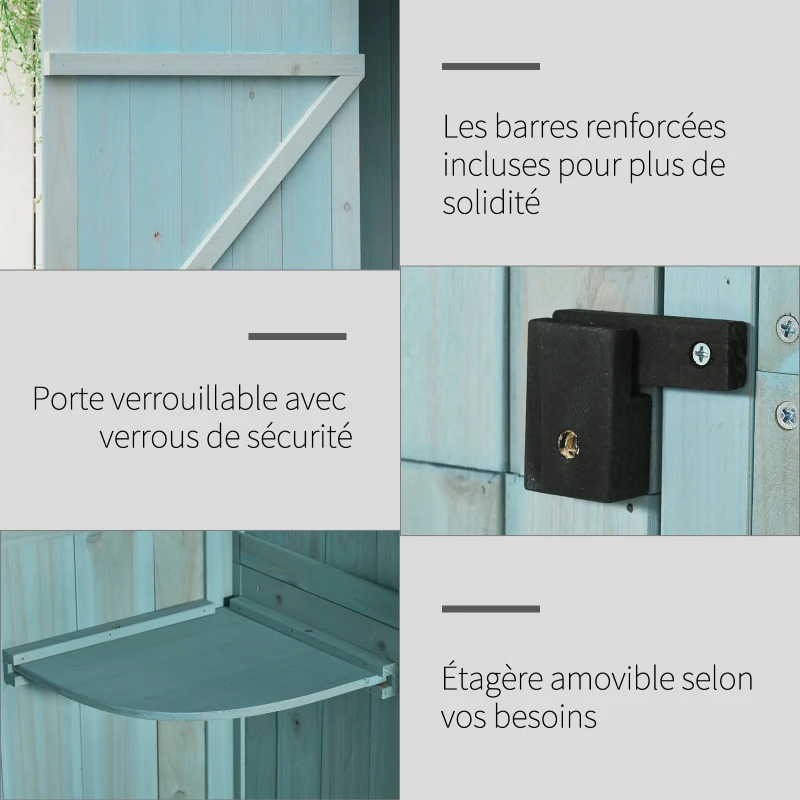 Outsunny Armoire de jardin extérieur abri de jardin en bois abri pour outils 3 étagères 2 Portes loquets Toit Pente bitumé 77L x 54l x 179H cm Sapin traité Bleu