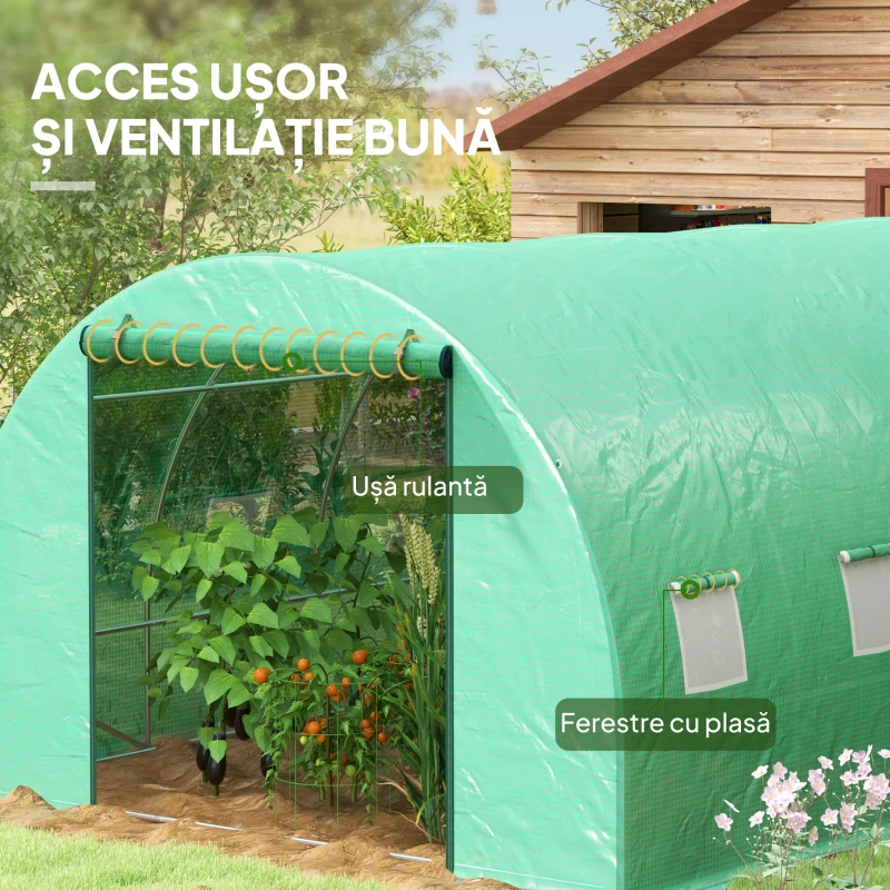 Outsunny Seră Politunel cu Sistem de Stropitoare, Ușă Rulantă și 12 Ferestre cu Plasă, 600x300x195 cm, Verde(m-6)