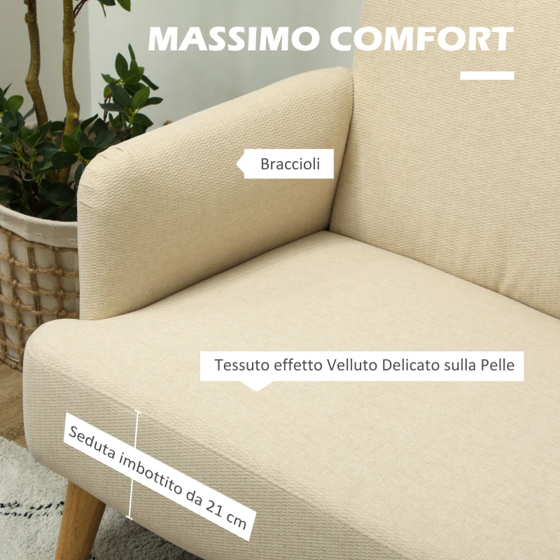 HOMCOM Divano 2 Posti Moderno Effetto Velluto con Imbottitura Spessa, 140x74x79cm, Bianco Crema