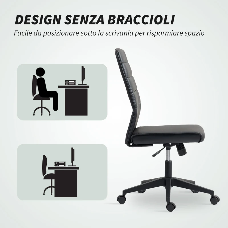 HOMCOM Sedia da Ufficio Ergonomica e Regolabile con Schienale Ricurvo, in Pelle PU e Acciaio, 58x53x97-107 cm, Nero