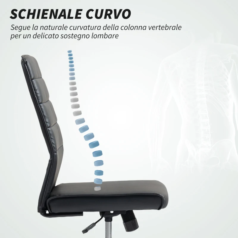 HOMCOM Sedia da Ufficio Ergonomica e Regolabile con Schienale Ricurvo, in Pelle PU e Acciaio, 58x53x97-107 cm, Nero