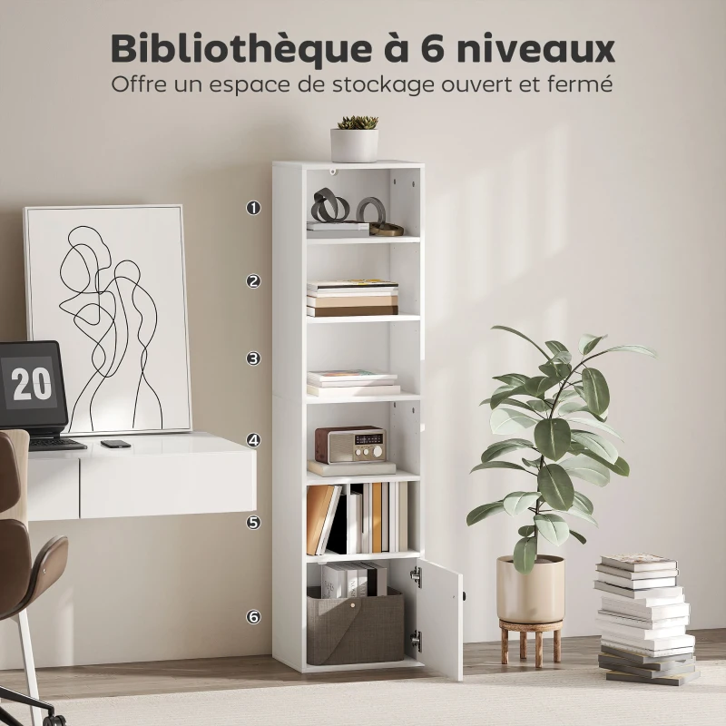 HOMCOM Bibliothèque meuble de rangement 6 niveaux avec 3 étagères réglables et placard, style moderne 40 x 30 x 156 cm blanc