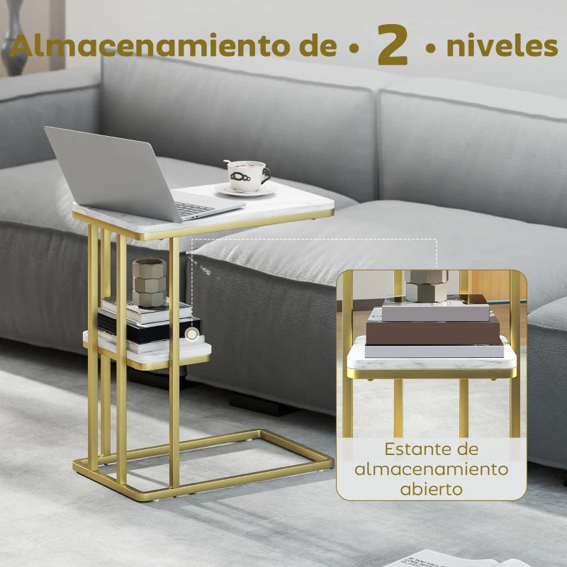 HOMCOM Mesa Auxiliar Estructura en C Estrecha con Estante Mesita de Noche Moderna 50x30x57,5 cm Blanco Efecto Mármol