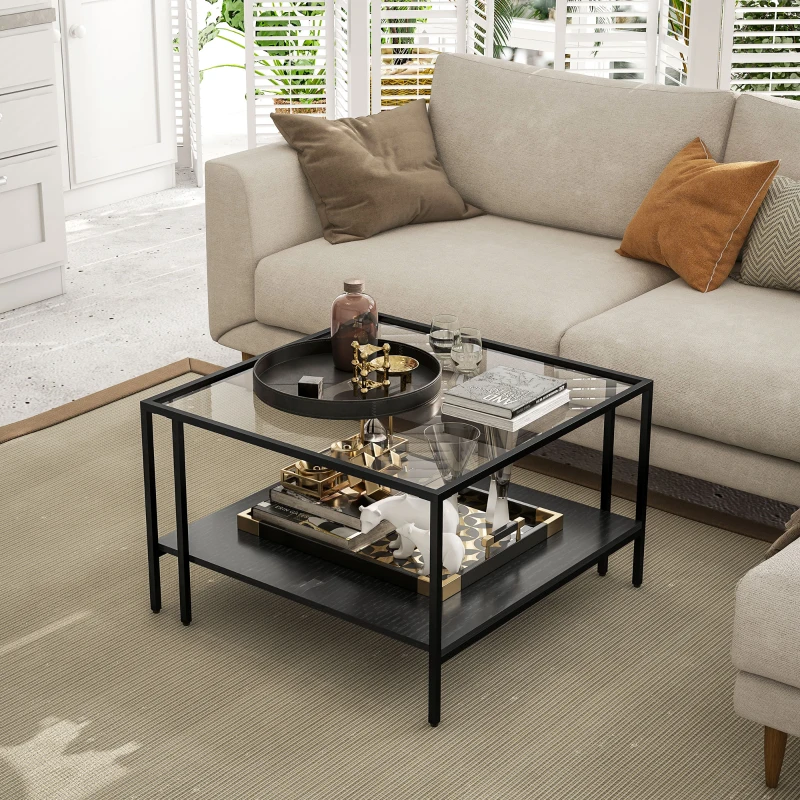 HOMCOM Table basse carrée 2 niveaux avec plateau en verre trempé, 1 étagère, design minimaliste, 73l x 73P x 46,5H cm, noir
