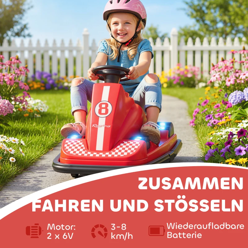 AIYAPLAY Autoscooter für Kinder, um 360 Grad drehbar, Lenkrad, LED-Lichter, Musikfunktion, 3-8 Jahre, Rot