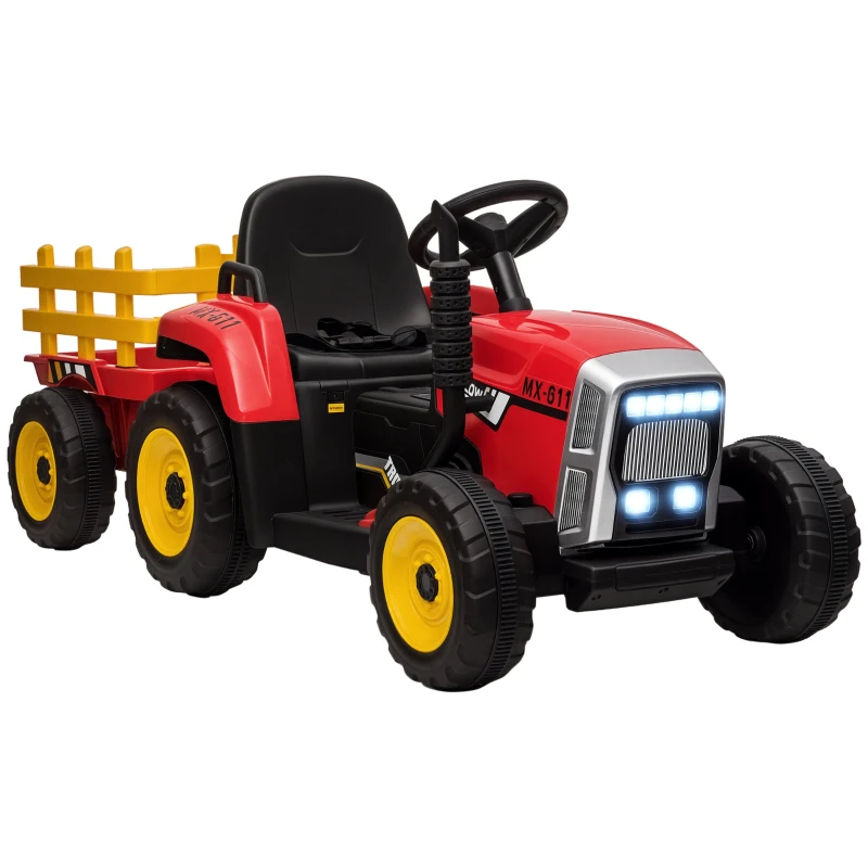 HOMCOM Trattore Elettrico per Bambini 3-6 Anni con Rimorchio Rimovibile, Batteria 12V e Telecomando, Rosso