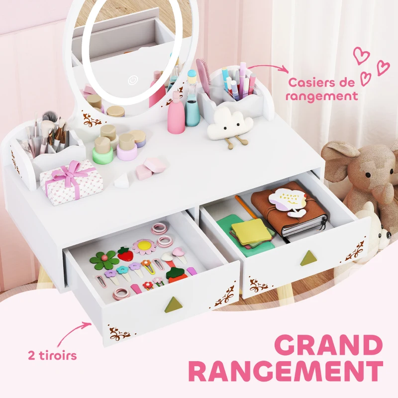 AIYAPLAY Coiffeuse pour enfant 2 en 1 bureau enfant fille avec miroir à LED 3 couleurs et tabouret 60x30x99,3 cm blanc