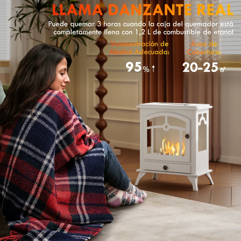 HOMCOM Estufa de Bioetanol de Pie con Tanque de 0,9 L Apagallamas de Acero Inoxidable Tiempo de Combustión 3H 45x28x54cm Blanco