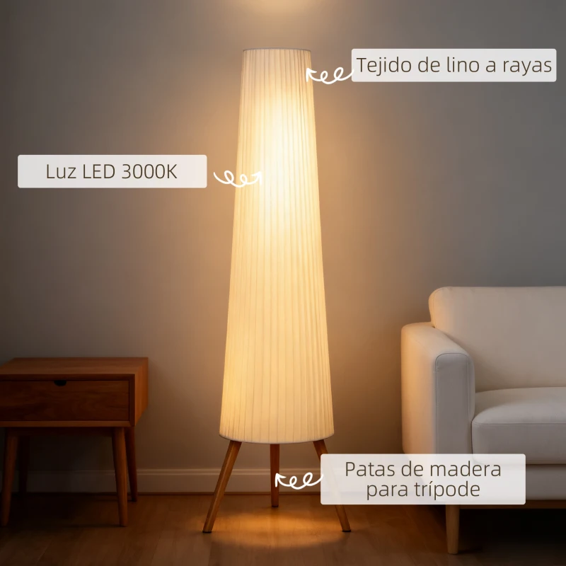 HOMCOM Lámpara de Pie con Trípode Brillo Ajustable 3 Niveles Interruptor de Pie Patas de Madera y Pantalla de Tela Blanco