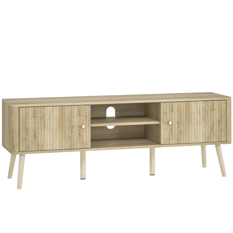 HOMCOM Meuble TV, meuble télé jusqu'à 65 pouces avec 2 portes, 2 compartiments ouverts, étagère réglable, 140x35x49cm, chêne