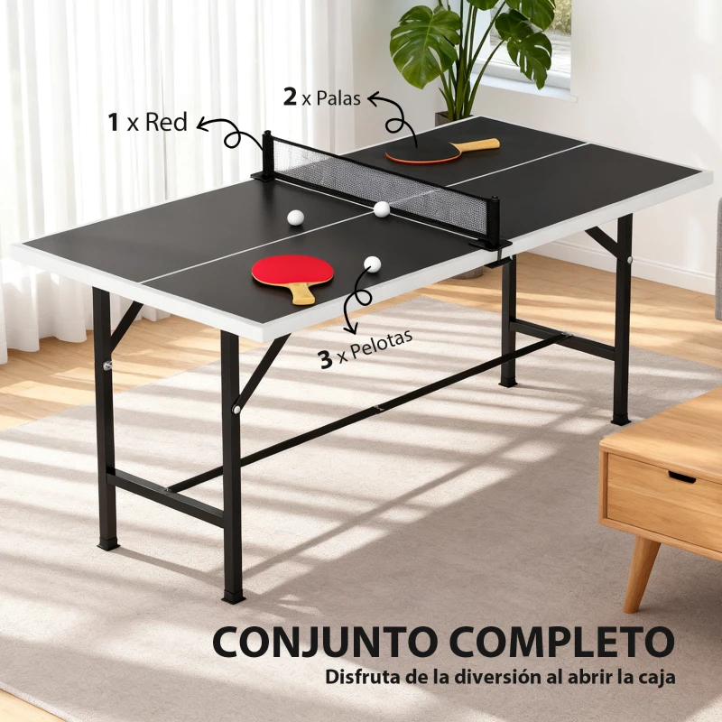 SPORTNOW Mini Mesa de Ping-Pong Plegable con Red 2 Raquetas y 3 Pelotas para Interior y Exterior 152x76x70 cm Negro