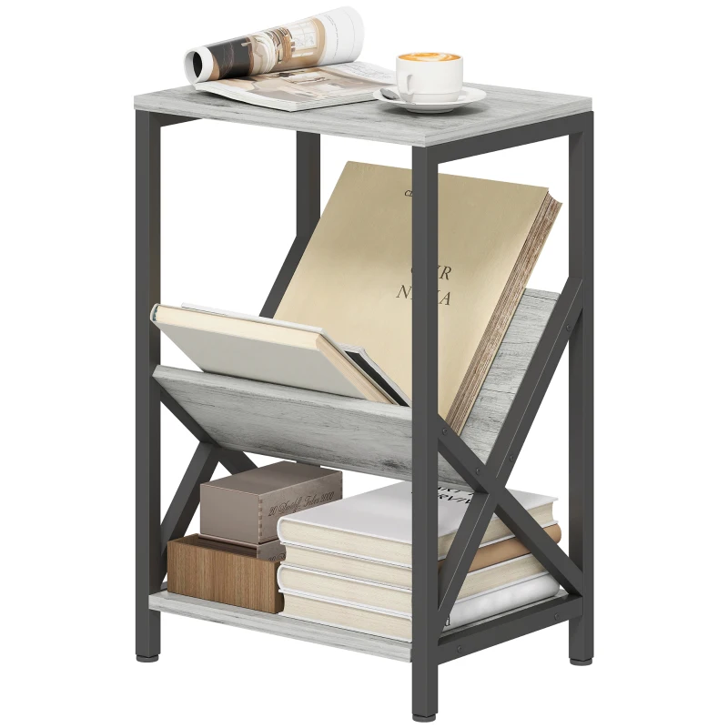HOMCOM Table d'appoint étroite, bout de canapé rangement à 3 niveaux, porte-revues en V, cadre en acier, 40x30x61cm, gris foncé