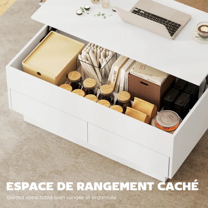 HOMCOM Table basse relevable, table de salon avec compartiment caché et 2 tiroirs, 100 x 50 x 44 cm, blanc