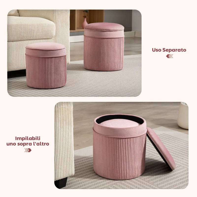 HOMCOM Set 2 Pouf Poggiapiedi Rotondi Impilabili e Imbottiti con Rivestimento in Velluto, Contenitore da 34.8L, Rosa