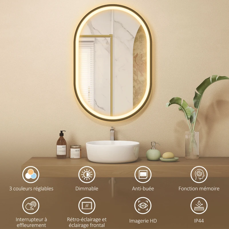 HOMCOM Miroir salle de bain éclairage LED 50x70cm, miroir lumineux salle de bain mural interrupteur tactile, lumière 3 couleurs