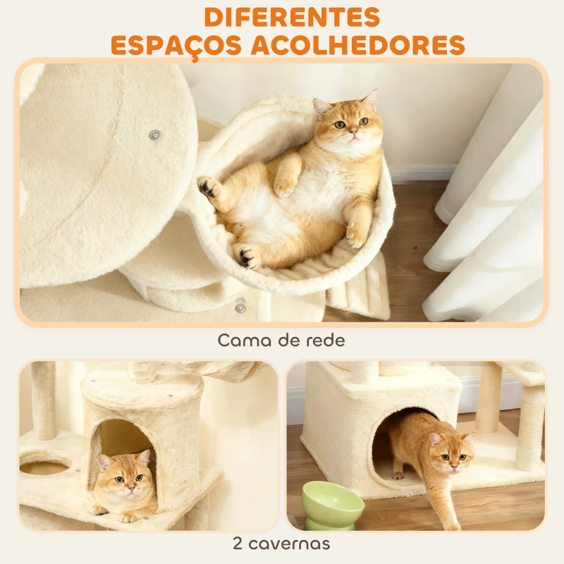 PawHut Arranhador para Gatos Grande com 7 Postes 1 Túnel 3 Plataformas 2 Cavernas 1 Rede 1 Poleiro 1 Rampa Pompons 60x40x170 cm Bege