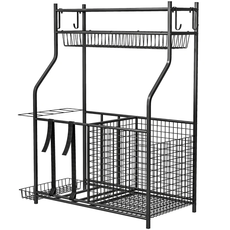 SPORTNOW Organizador de Equipamentos Desportivos com Cesta Ganchos Removíveis e Faixas Elásticas Suporte para Bolas 92x42x109 cm Preto