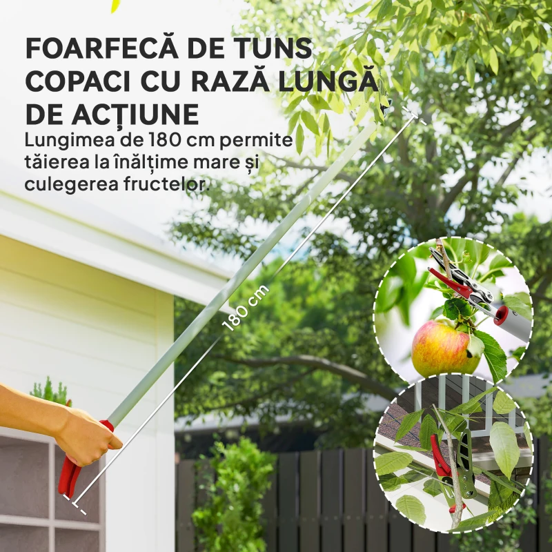 Outsunny Podadora de Árvores 180 cm com Cabo de Alumínio Leve e Resistente e Lâmina Metálica 180x10 cm Prata a Vermelho