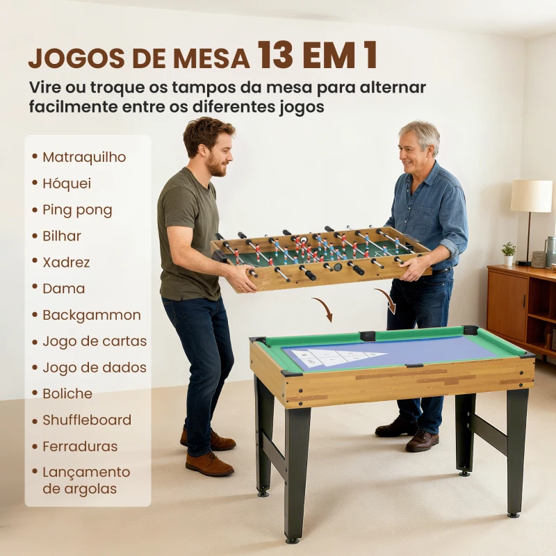 SPORTNOW Mesa Multijogos 13 em 1 Mesa de Jogo com Matraquilho Bilhar Ping-Pong Hóquei Xadrez Damas Backgammon e Acessórios 121x109x80 cm Madeira e Preto