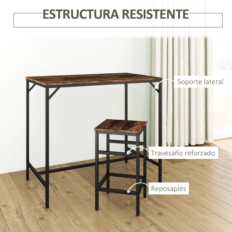 HOMCOM Mesa Alta de Cocina con 4 Taburetes Industrial Reposapiés Ahorro de Espacio para Espacios Reducidos Marrón Rústico