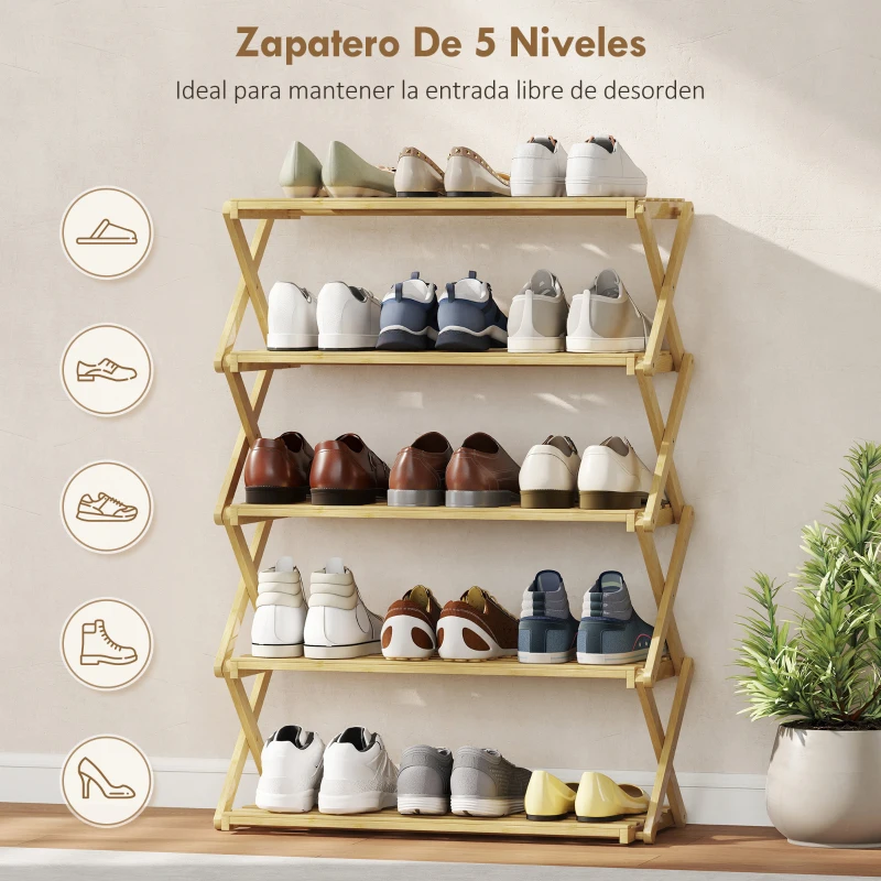 HOMCOM Zapatero Estrecho de Bambú Zapatero Vertical Plegable de 5 Niveles Sin Instalación Natural