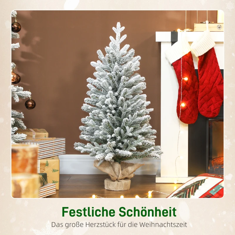 HOMCOM Mini Künstlicher Weihnachtsbaum 90 cm künstlich Tannenbaum mit Schnee, 486 Spitzen Zementbasis Leinenbezug