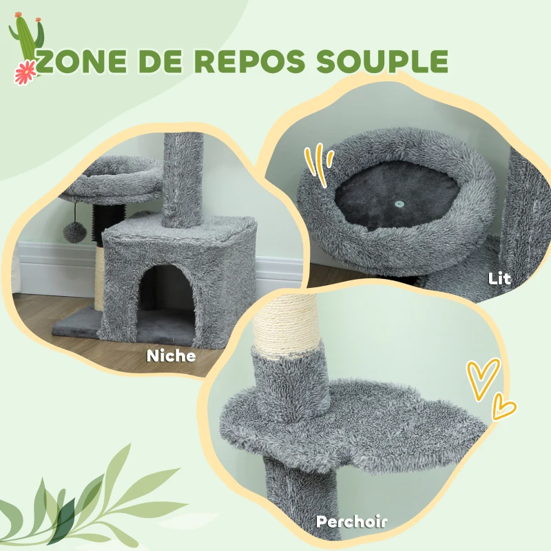 PawHut Arbre à chat du sol au plafond, tour à chat réglable en hauteur 225-255 cm à plusieurs niveaux, revêtement peluche, gris