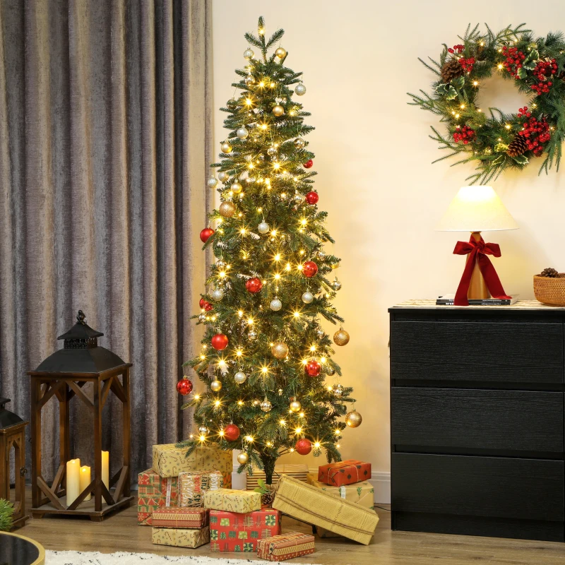 HOMCOM Sapin de Noël artificiel 180 cm, arbre de Noël slim avec 200 lumières 8 modes d'éclairage 605 branches articulées, vert