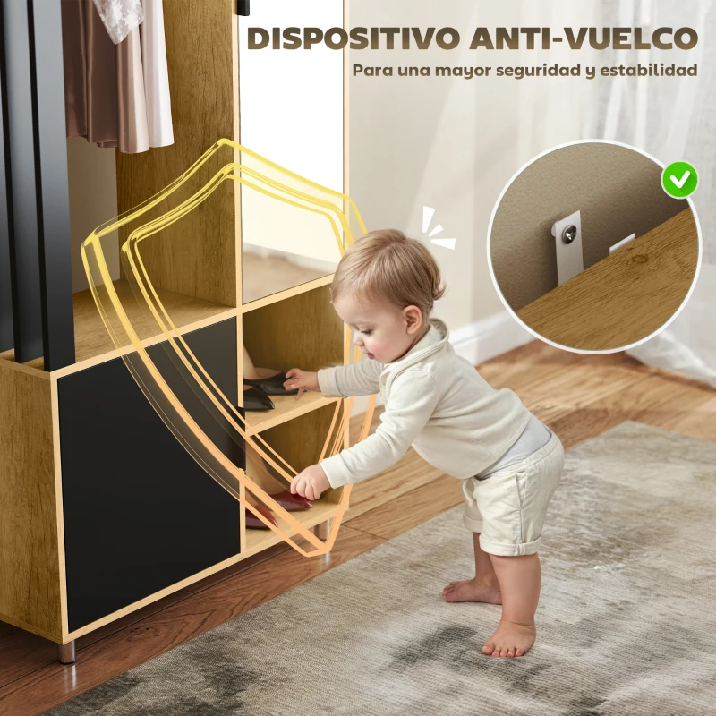 HOMCOM Armario Ropero con Puerta con Espejo Barra para Colgar 2 Compartimentos Abiertos 80x30x170 cm Natural y Negro