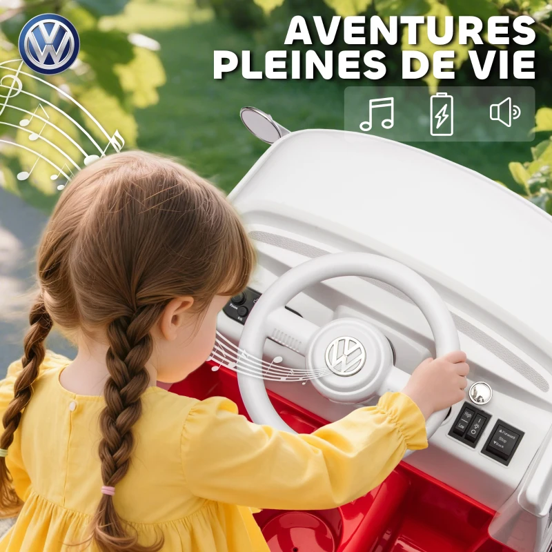 AIYAPLAY Voiture électrique enfant Volkswagen T1 sous licence officielle 12 V avec 2 moteurs démarrage doux 89x49x41,5cm rouge