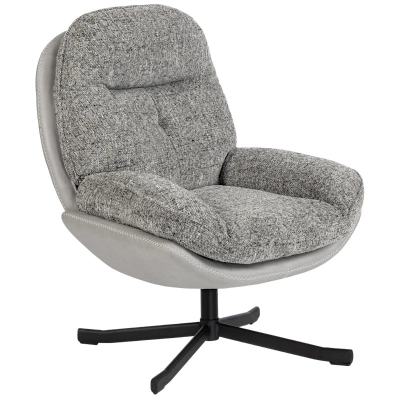 HOMCOM Poltrona Giratória Moderna com Base Cruzada Estofada em Chenille e Couro PU Assento Largo Duplo Pernas de Aço 78x95x99 cm Cinza
