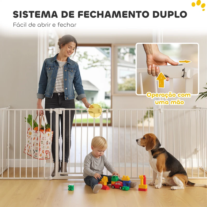 PawHut Parque para Cães Dobrável com 6 Painéis Porta com Fecho Duplo Barreira de Segurança para Escada Corredor Branco