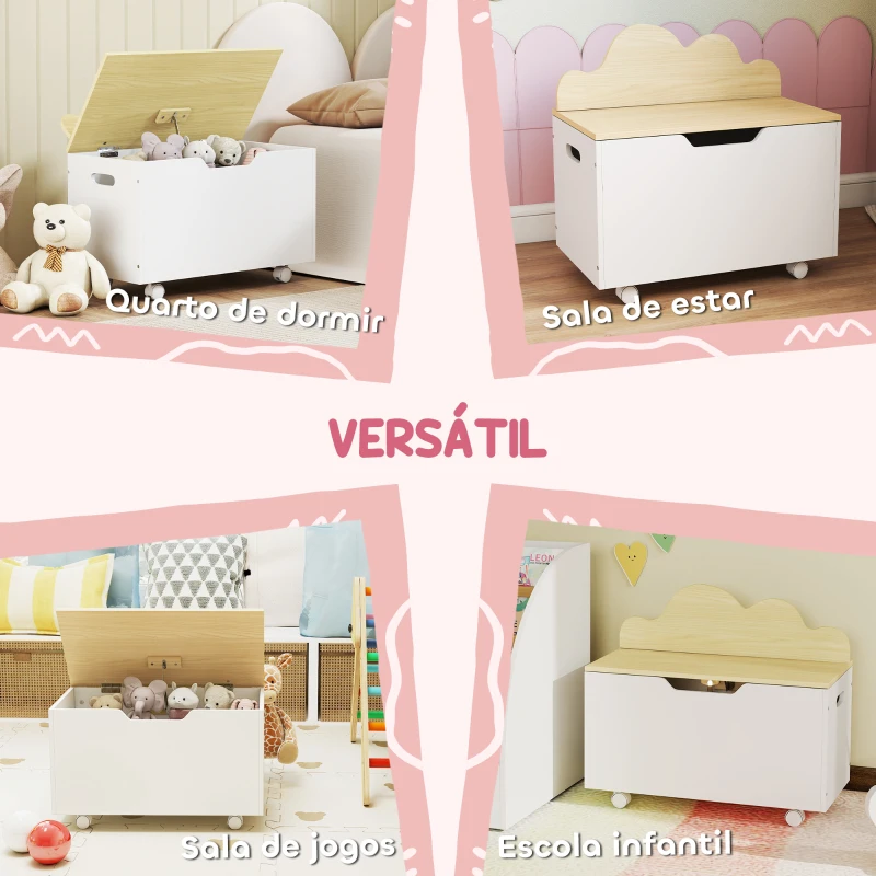 AIYAPLAY Baú de Brinquedos com Rodas com Tampa Abatível e Dobradiça de Segurança Desenho de Nuvem  59x30x53 cm Branco e Madeira