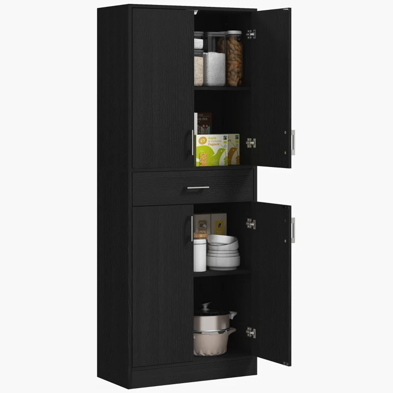 HOMCOM Buffet haut armoire de cuisine 4 portes 2 placards et 1 tiroir central hauteur 180 cm avec 2 étagères réglables noir