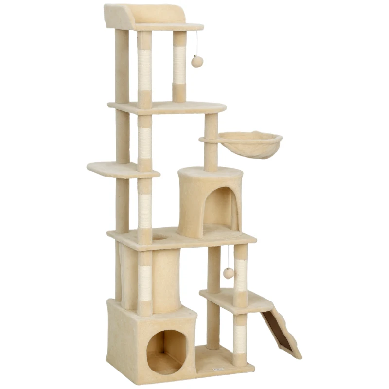 PawHut Arranhador para Gatos Grande com 7 Postes 1 Túnel 3 Plataformas 2 Cavernas 1 Rede 1 Poleiro 1 Rampa Pompons 60x40x170 cm Bege
