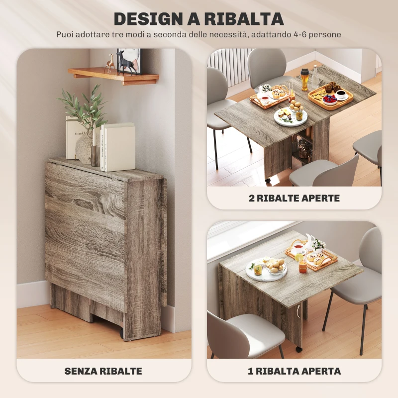 HOMCOM Tavolo a Ribalta con 2 Ripiani Inferiori per 6 Persone Max, in Legno 140x75x74 cm, Grigio