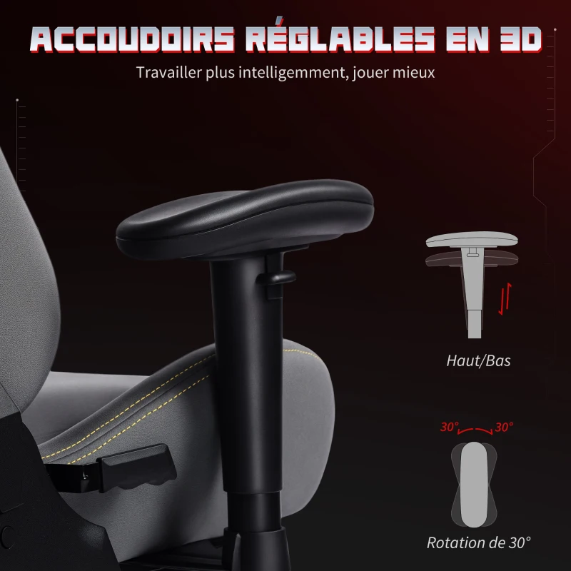 HOMCOM Chaise gaming ergonomique, fauteuil gamer avec accoudoirs 3D, dossier inclinable, hauteur réglable, 72x76x132cm, gris
