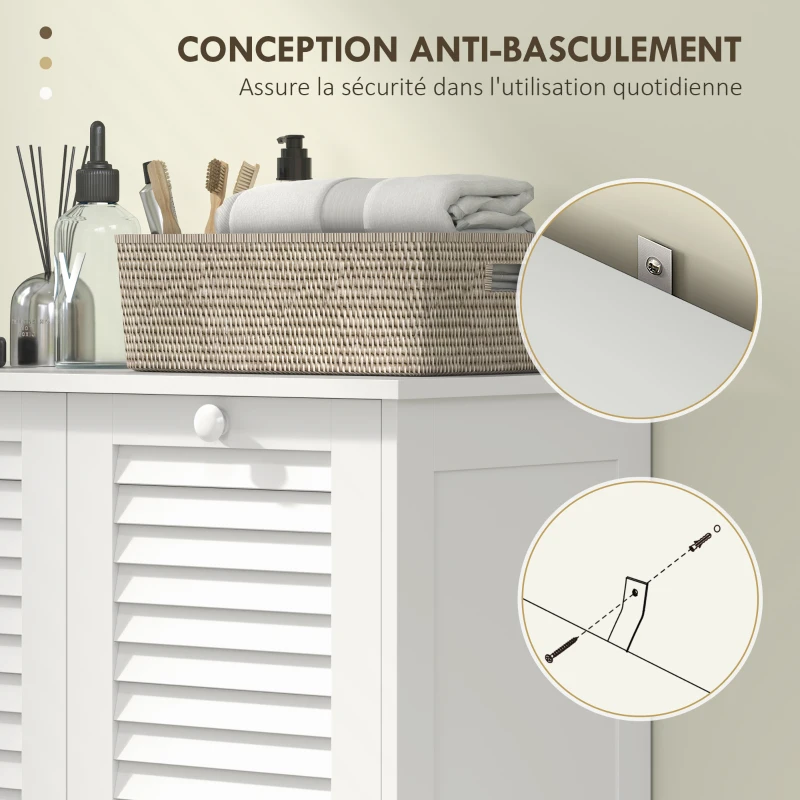 HOMCOM Meuble salle de bain avec panier à linge armoire salle de bain en bois portes persiennes 2 paniers 70 x 38 x 73 cm blanc