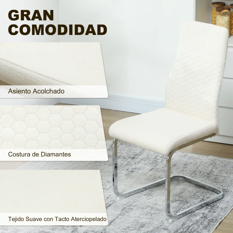 HOMCOM Juego de 4 Sillas de Comedor con Asiento y Respaldo Acolchado Tapizado en Terciopelo Patas de Acero Crema